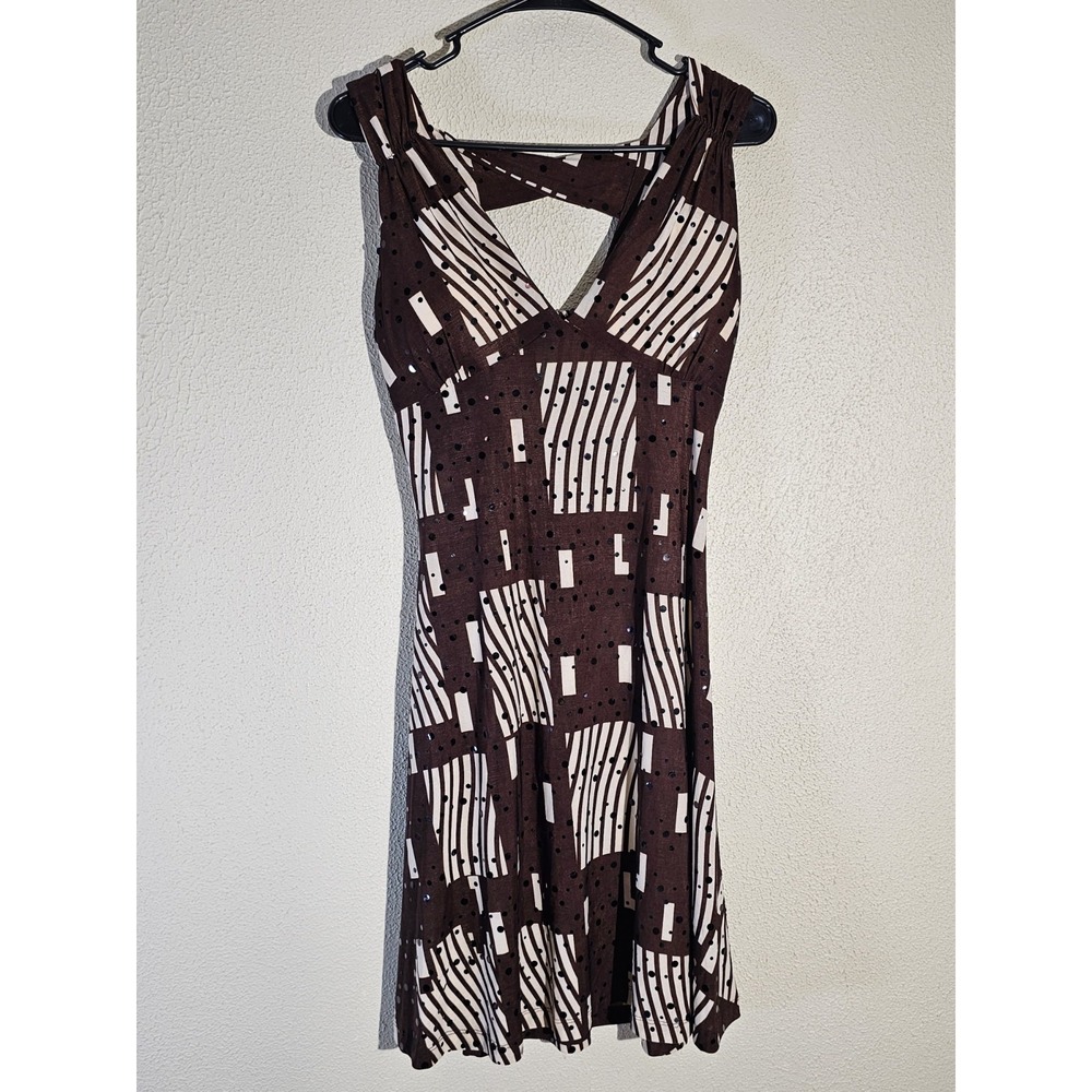 Vtg Y2k Touch‎ Express Babydoll Midi Dress Geometric Pattern Sequins Earthtones